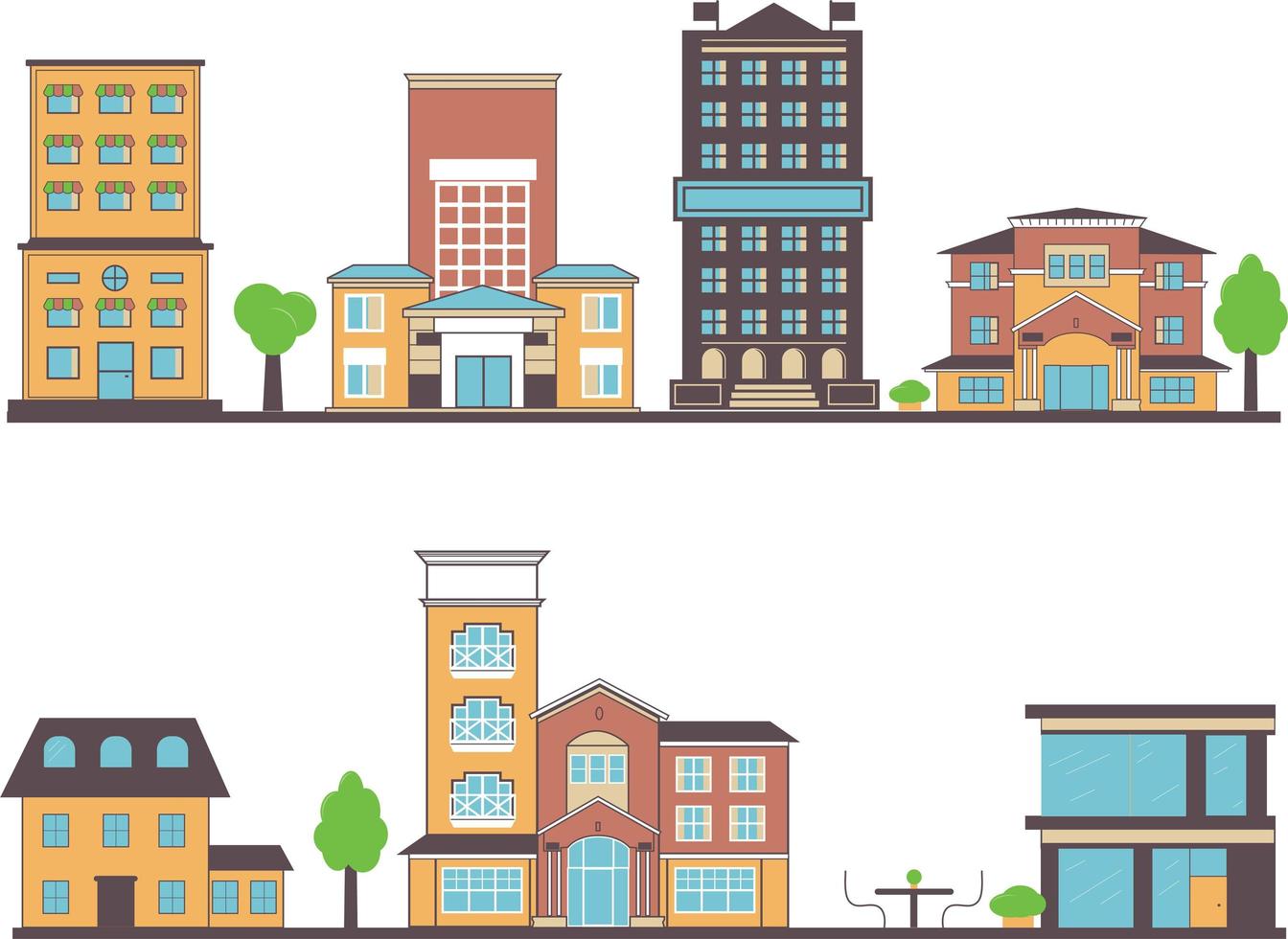 Flat vector buildings set illustration of houses and institutions