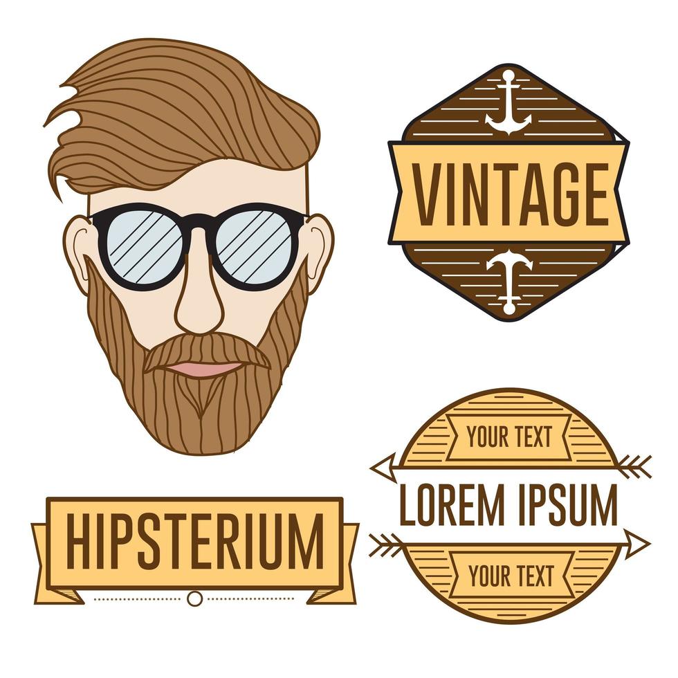 vector, hipster, hombre, insignias, y, perfil, ilustración, conjunto vector