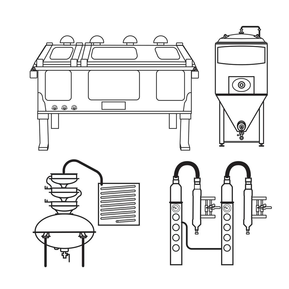 Distillery and fermentation equipment vector set illustration