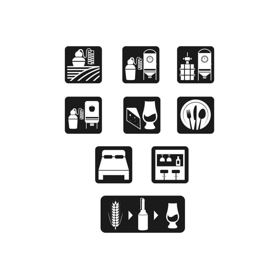 Distilling and vinification fermentation vector icon set