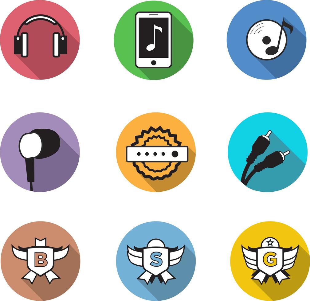 Audio game and music listening colorful circle icons and badges vector