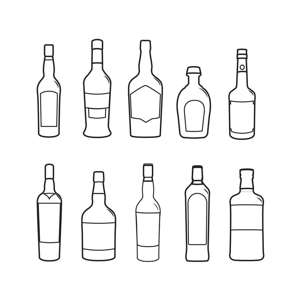 Alcoholic liquors bottles and beverages outline illustrations pack vector