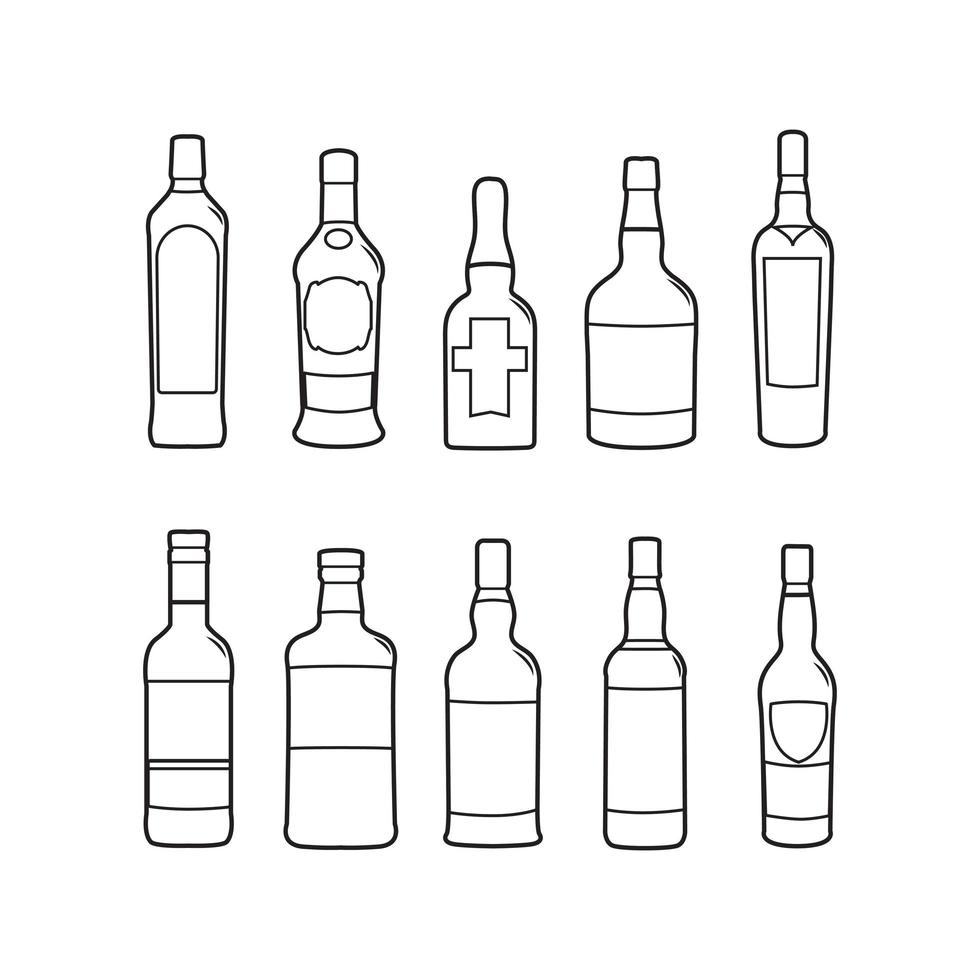 Paquete de ilustración de contorno de vector de botella de bebidas alcohólicas y bebidas