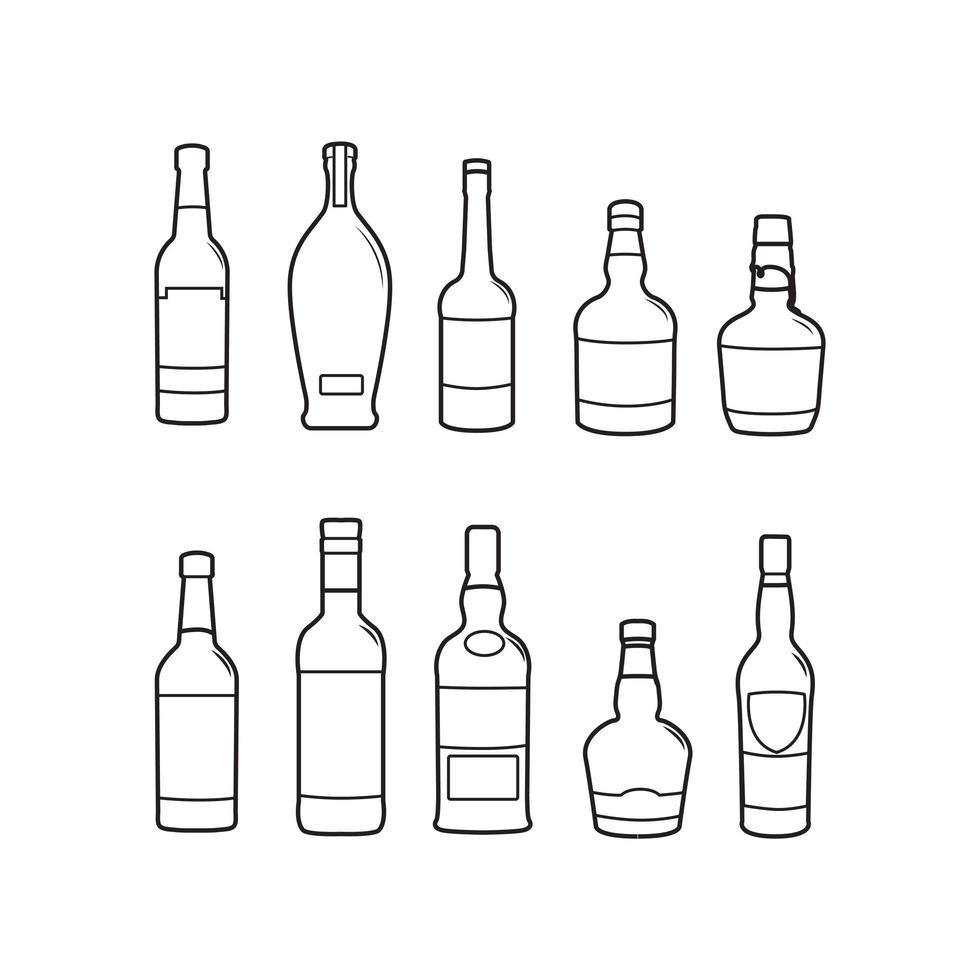 botellas de bebidas alcohólicas y paquete de ilustraciones de contorno de bebidas vector