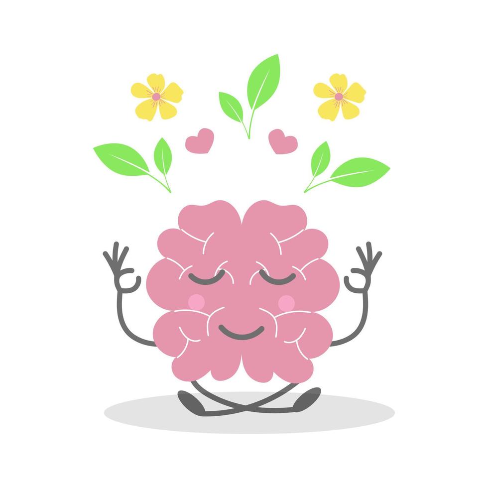 Cute human brain in yoga pose leaves, heart and flowers, funny character. Mental health concept, cheerful character. Flat vector illustration isolated on a white background.