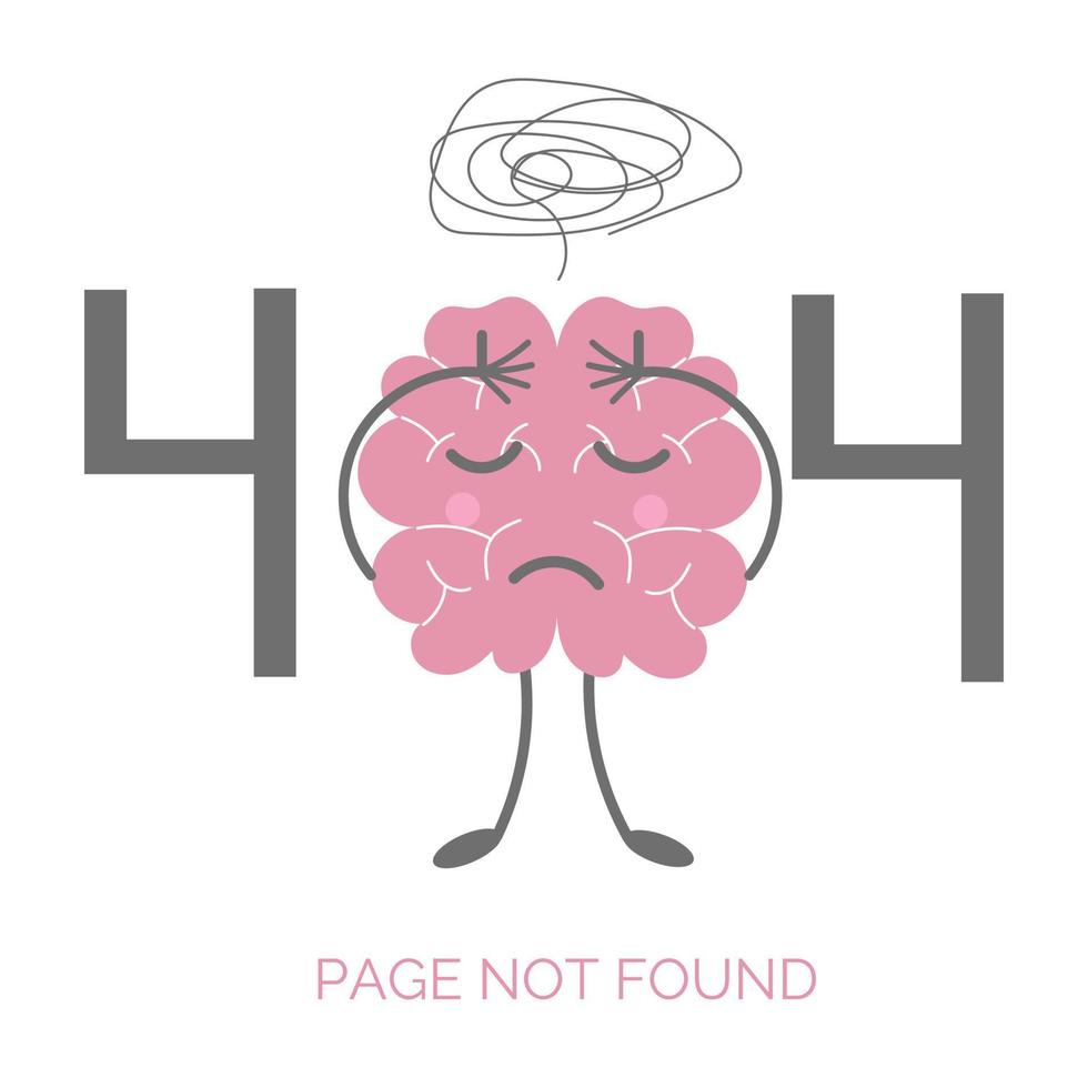 Página de error 404 no encontrada. concepto de sitio web con cerebro en estrés. ilustración vectorial plana aislada sobre fondo blanco vector