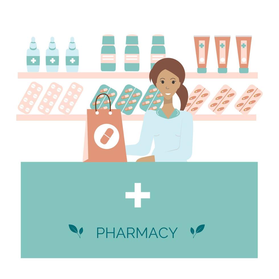 interior de farmacia con ilustración de vector plano boticario. comprar con medicinas.