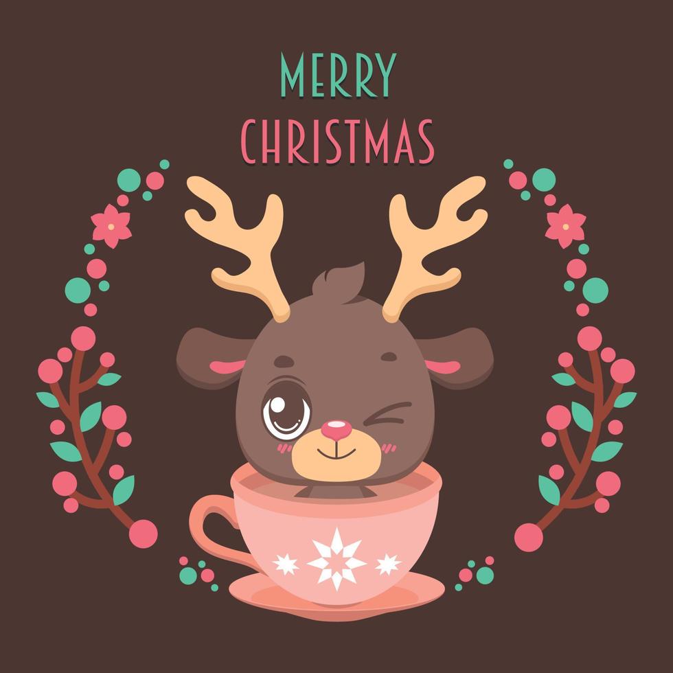 Christmas greeting with a cute jolly reindeer sitting in a pink teacup vector