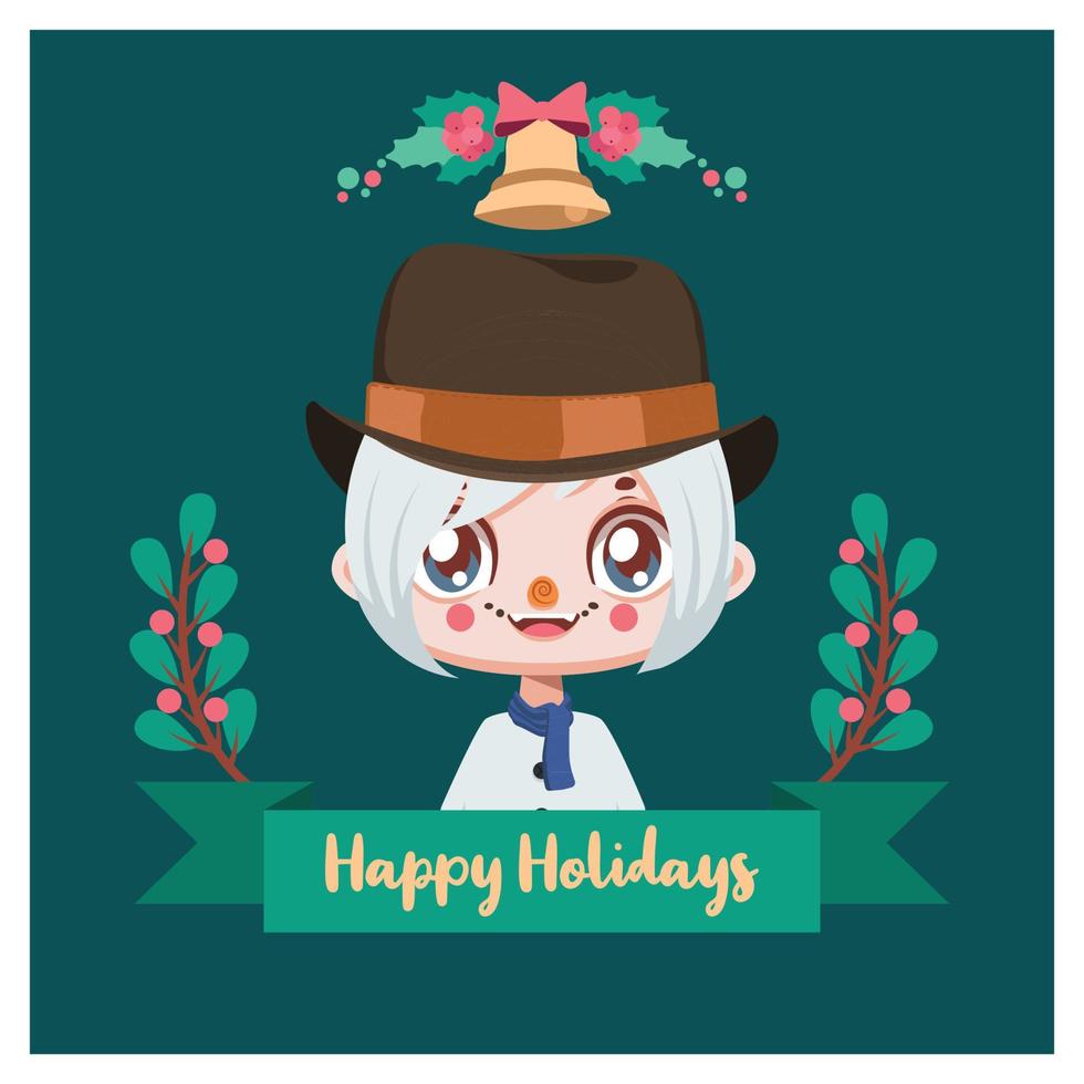 Christmas greeting with a boy dressed as a snowman vector