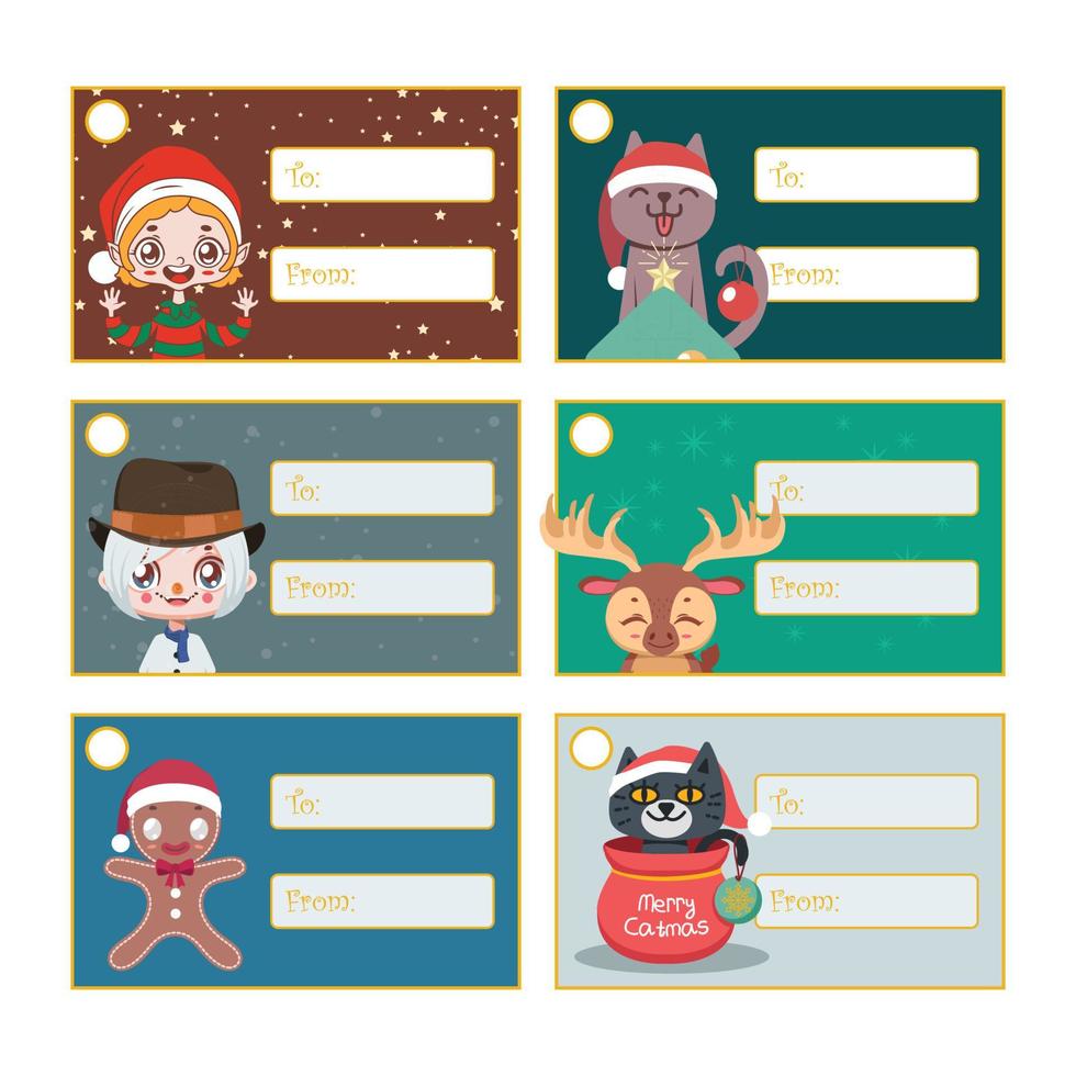 conjunto de seis etiquetas de regalo de Navidad con varios personajes festivos vector