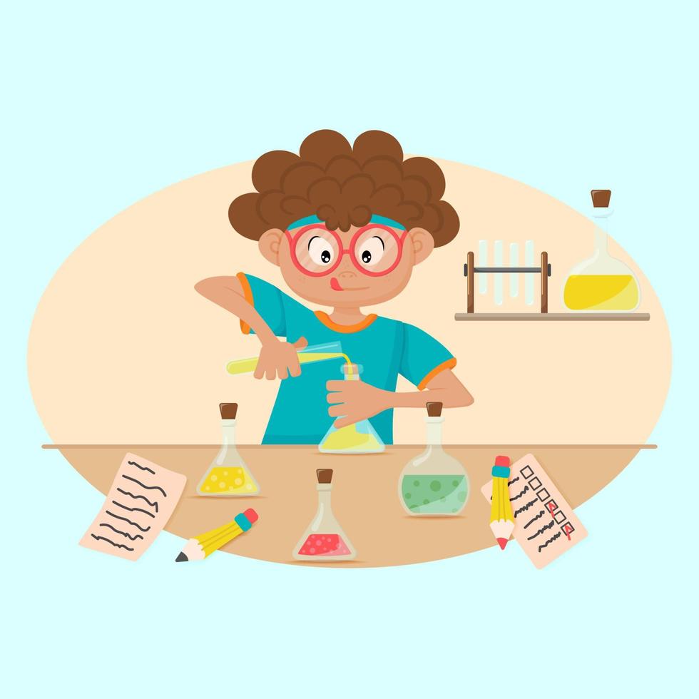 Kid doing chemical experiment. Home experiments illustration. vector