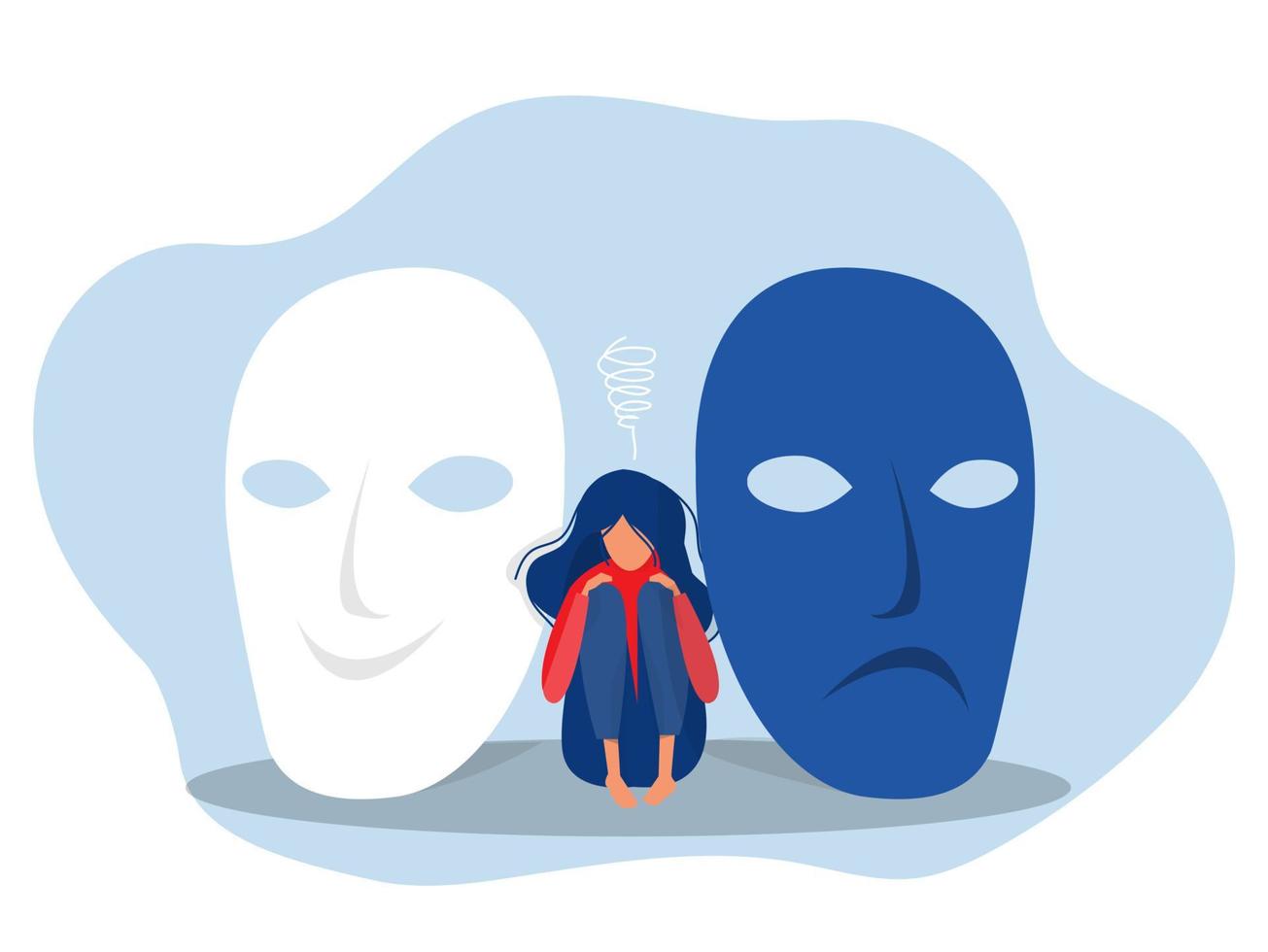 imposter syndrome, woman suffering from bipolar disorder with euphoria, psychotic, depression,  panic in one moment vector