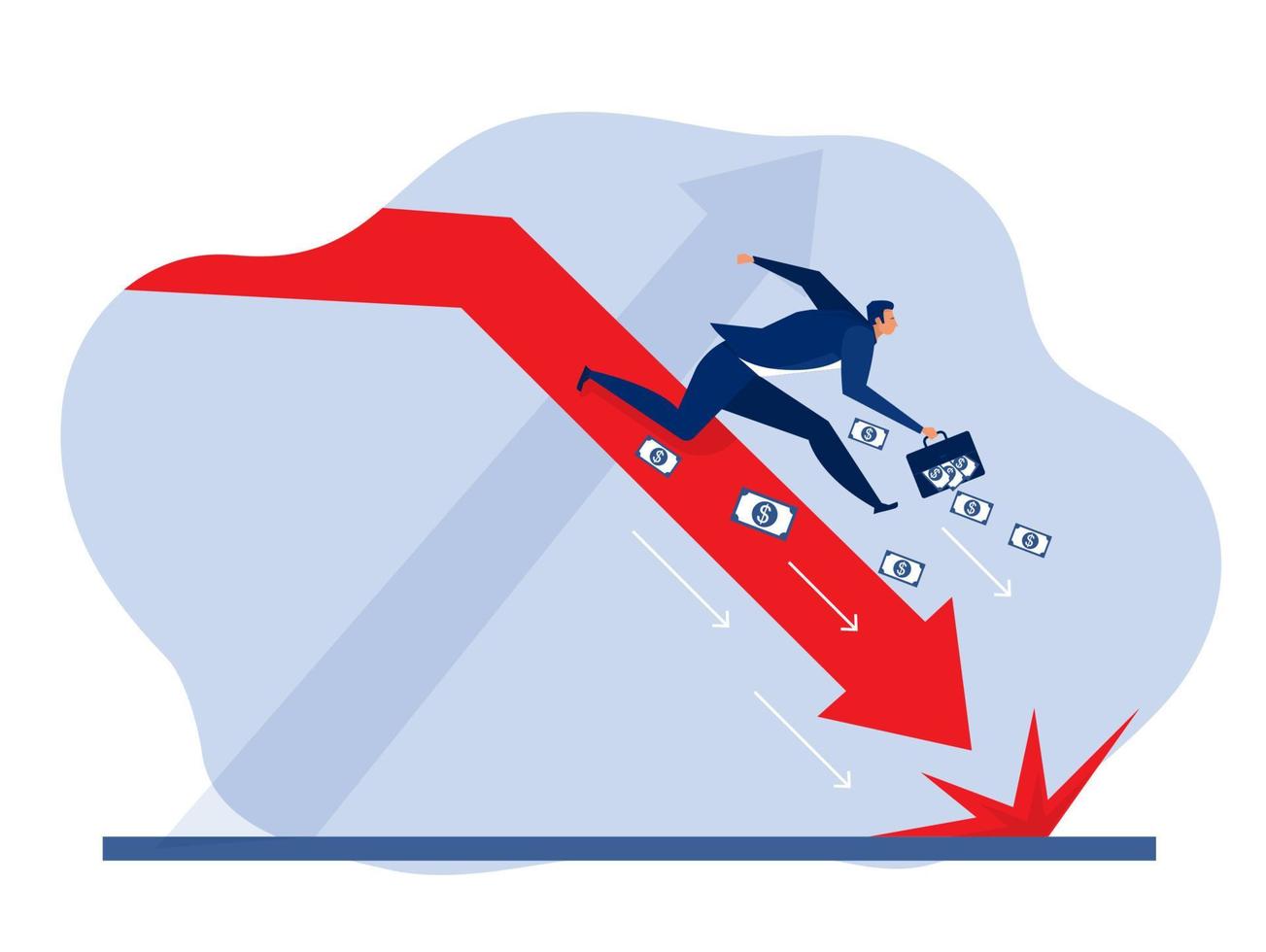 businessman falls down and the arrow is red chart. Cartoon character style vectorv illustrator. vector