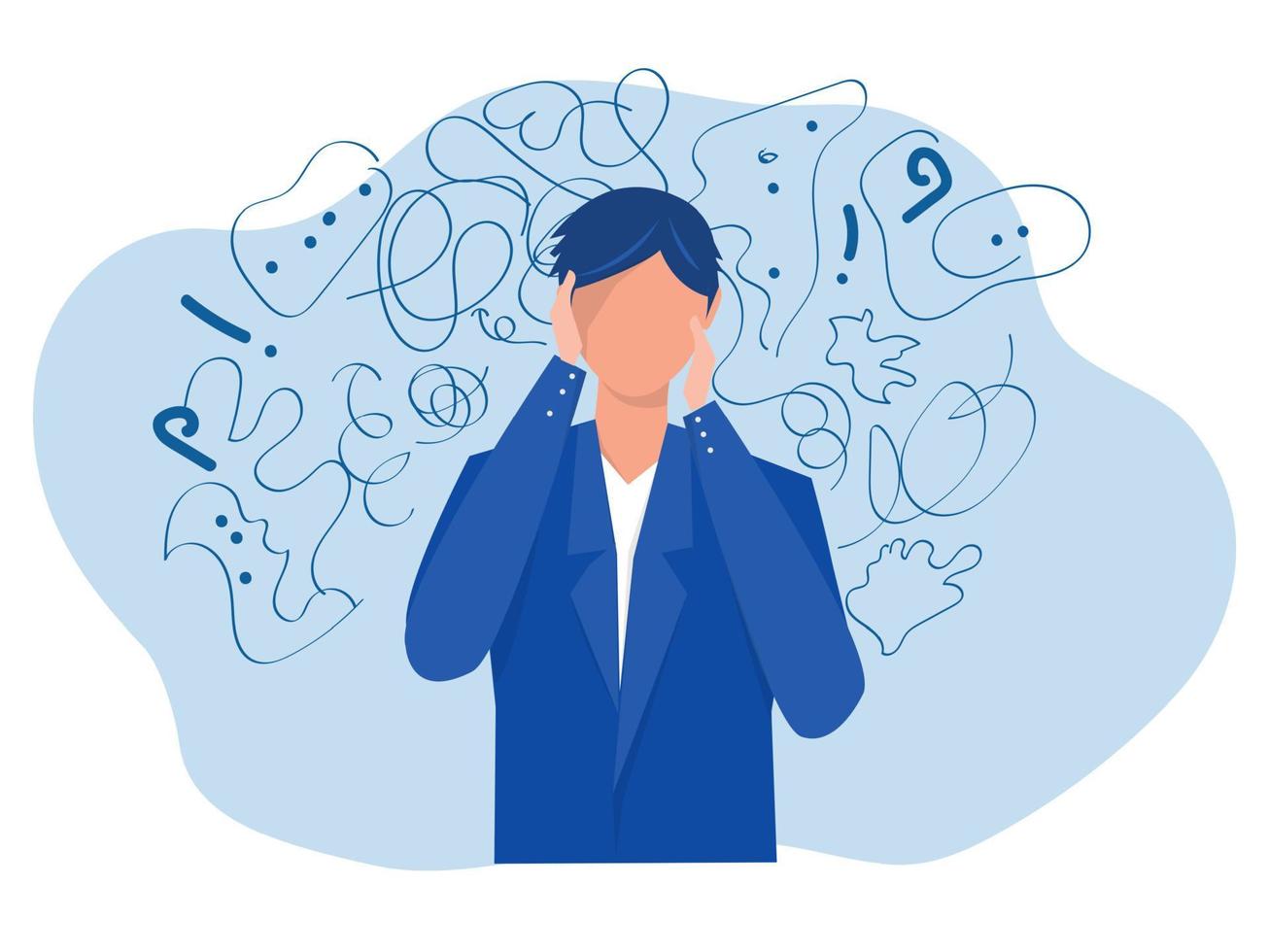 man suffers from obsessive thoughts headache unresolved issues psychological trauma depression.Mental stress panic mind disorder illustration Flat vector illustration.