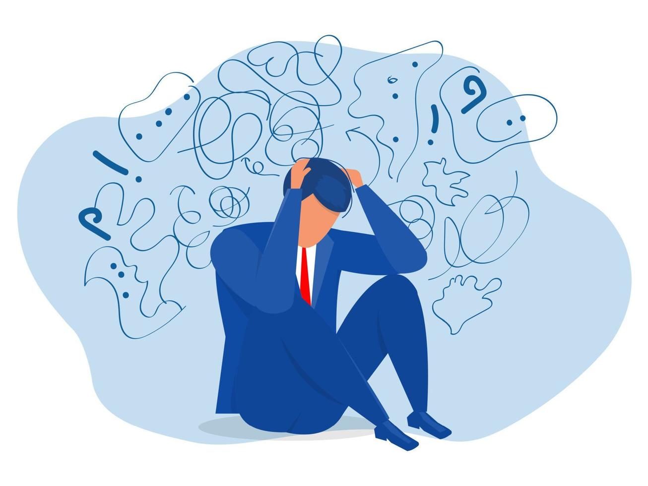 man suffers from obsessive thoughts headache unresolved issues psychological trauma depression.Mental stress panic mind disorder illustration Flat vector illustration.
