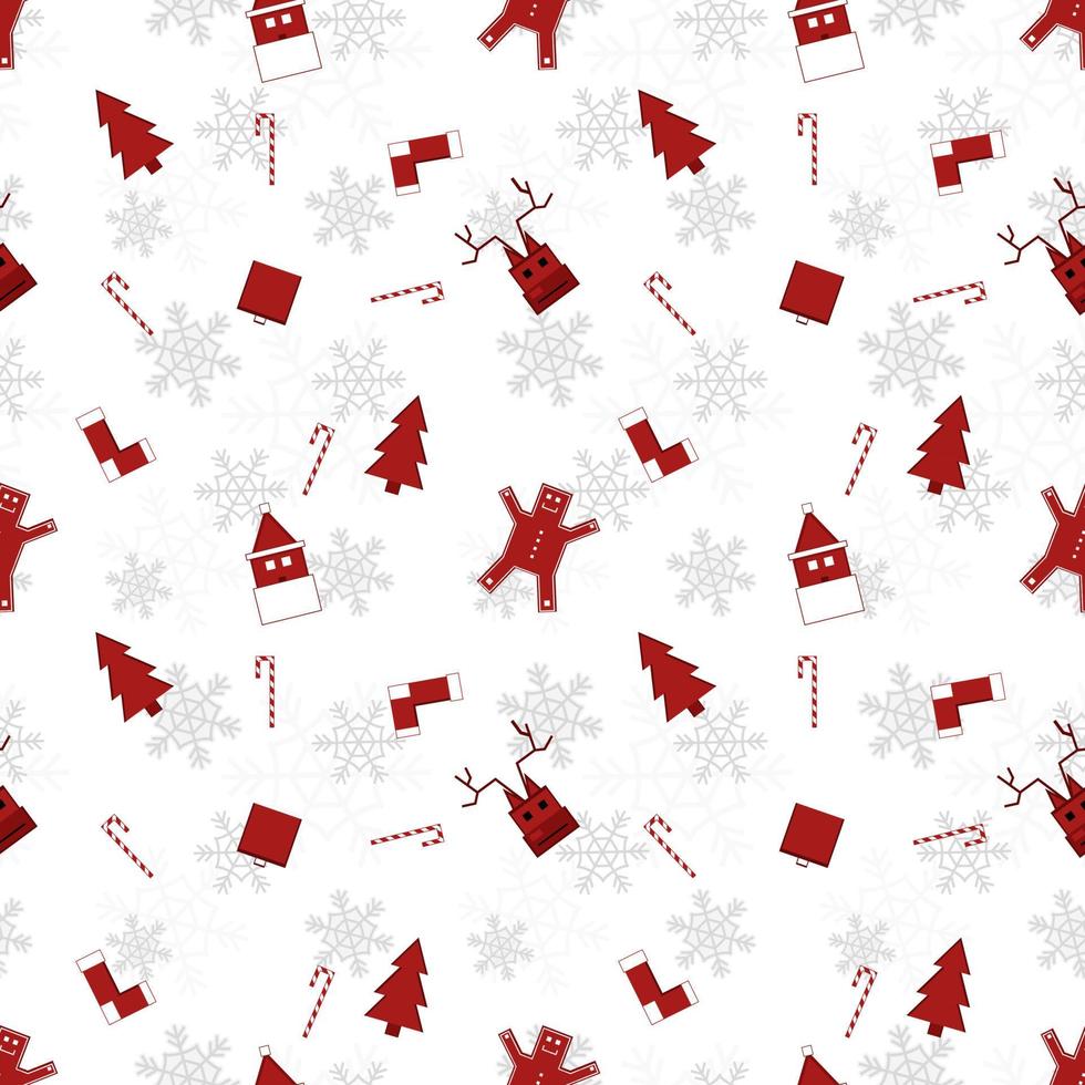 red Christmas object silhouette vector repeat pattern created on white background, sharp edged Christmas object repeat pattern.