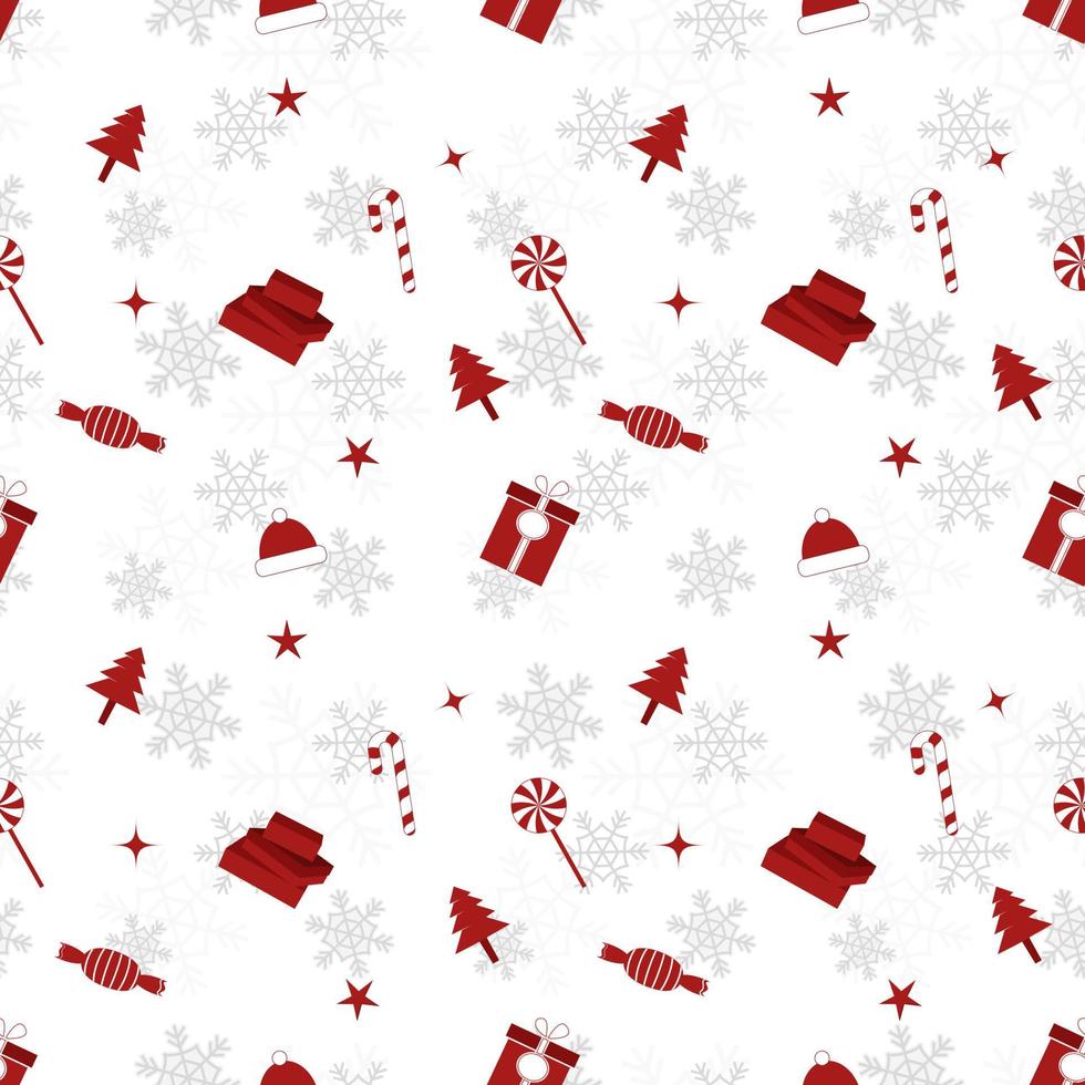 Christmas object silhouette repeat pattern in red color on flat white color background. Christmas object seamless pattern. vector