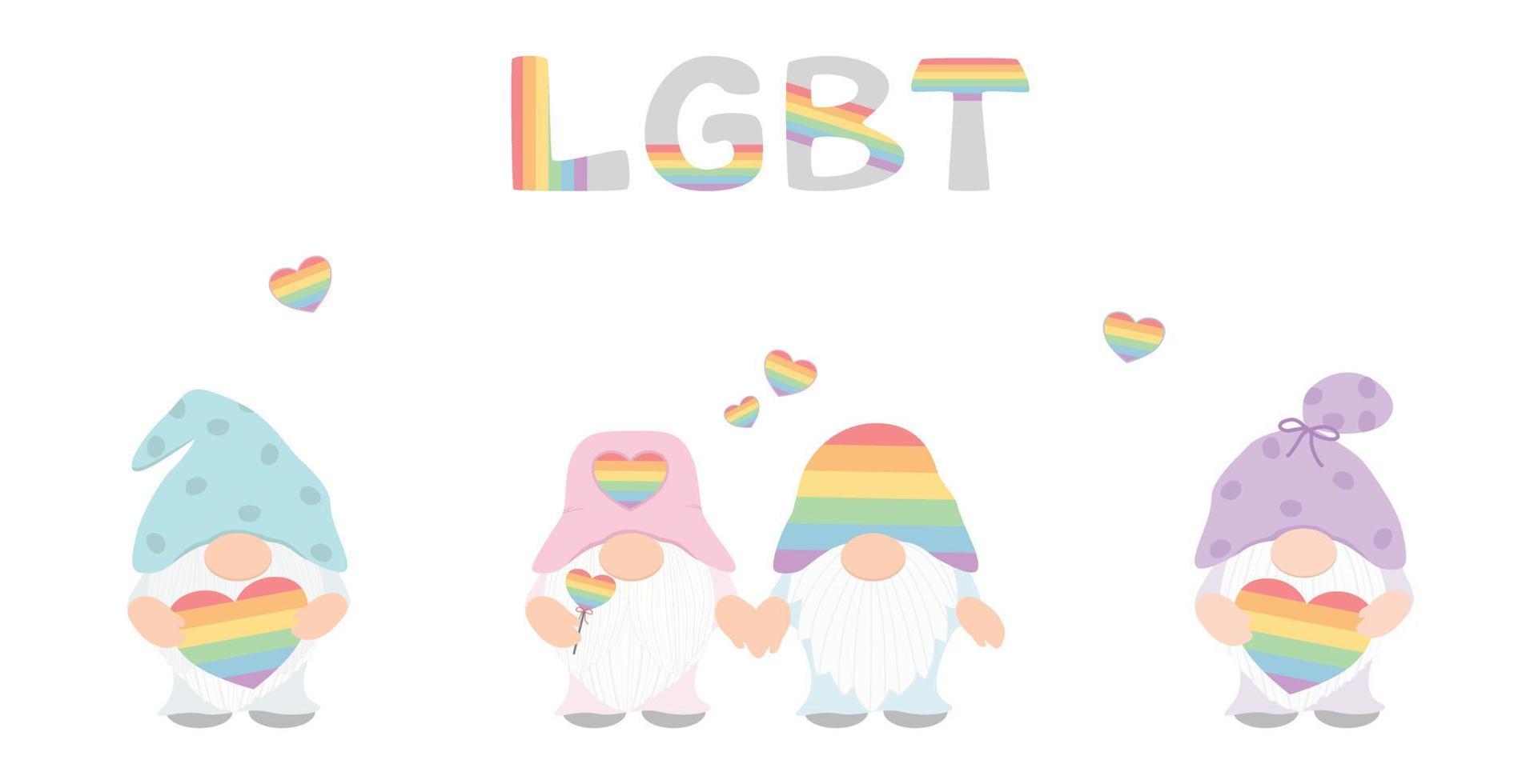 Vector - Cute set Gnome on LGBT concept. Couple lover. Pride month. Valentine's day. Pastel color. Can be use for print, paper, sticker or decorate any card, web.