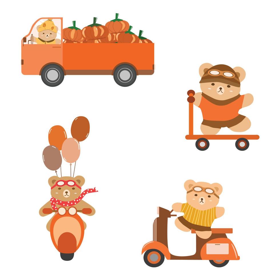 Foto de archivo - colección de oso de peluche conduciendo un camión con calabaza, andar en motocicleta con globo, jugar scooter. Se puede utilizar para impresión, papel, adhesivo. transporte, temporada de otoño. vector