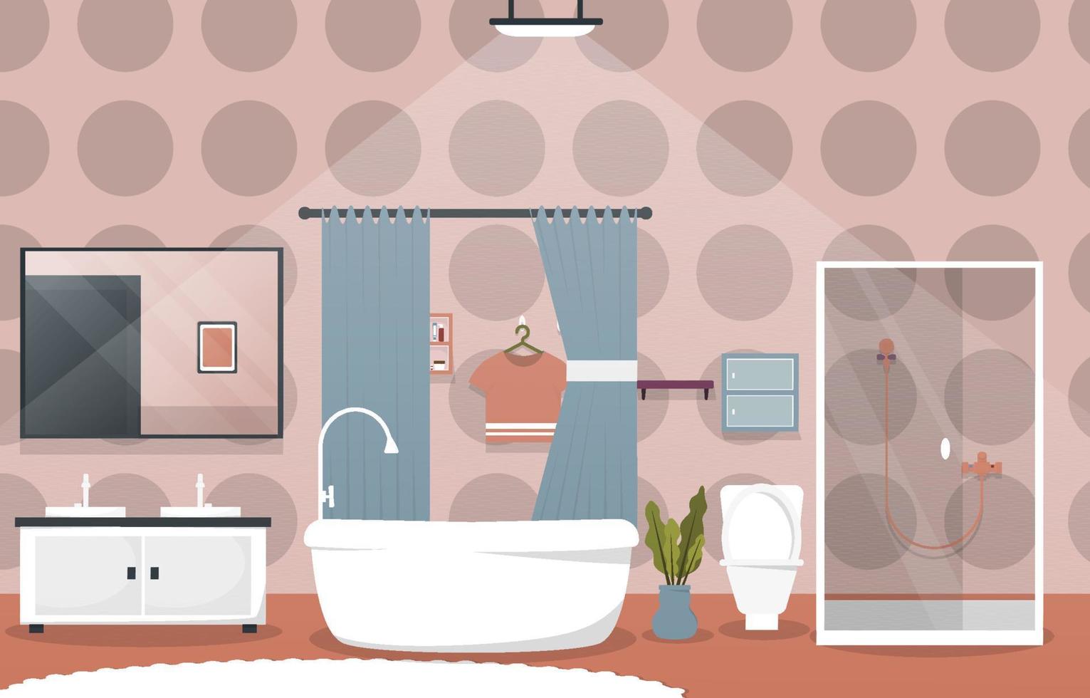 baño limpio diseño de interiores ducha bañera muebles ilustración plana vector