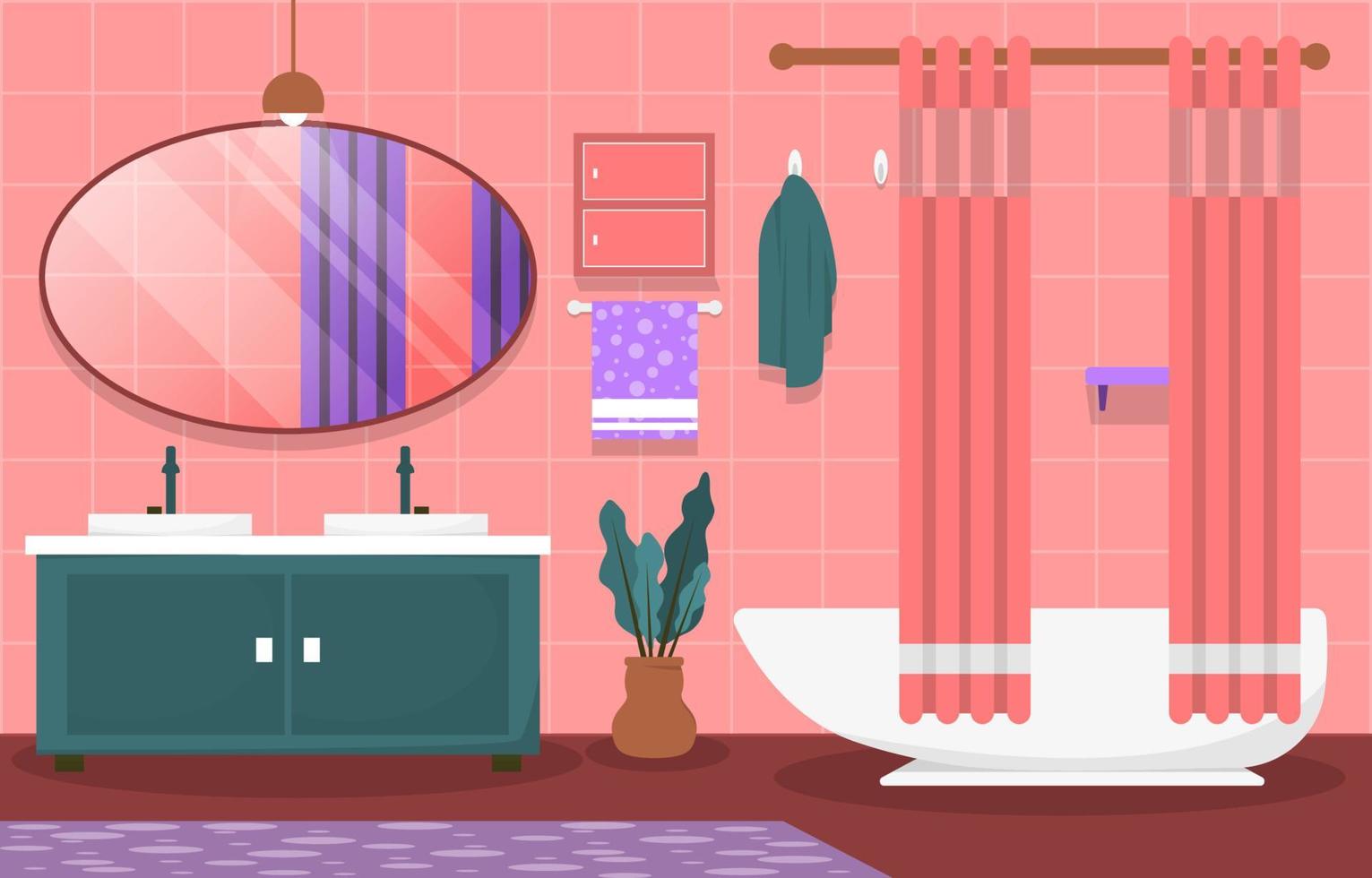 Clean Bathroom Interior Design Mirror Bathtub Furniture Flat Illustration vector