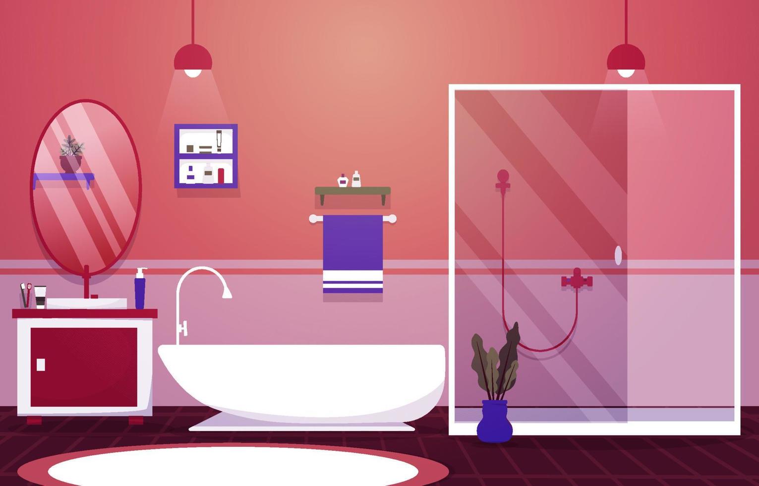 Clean Bathroom Interior Design Mirror Bathtub Furniture Flat Illustration vector