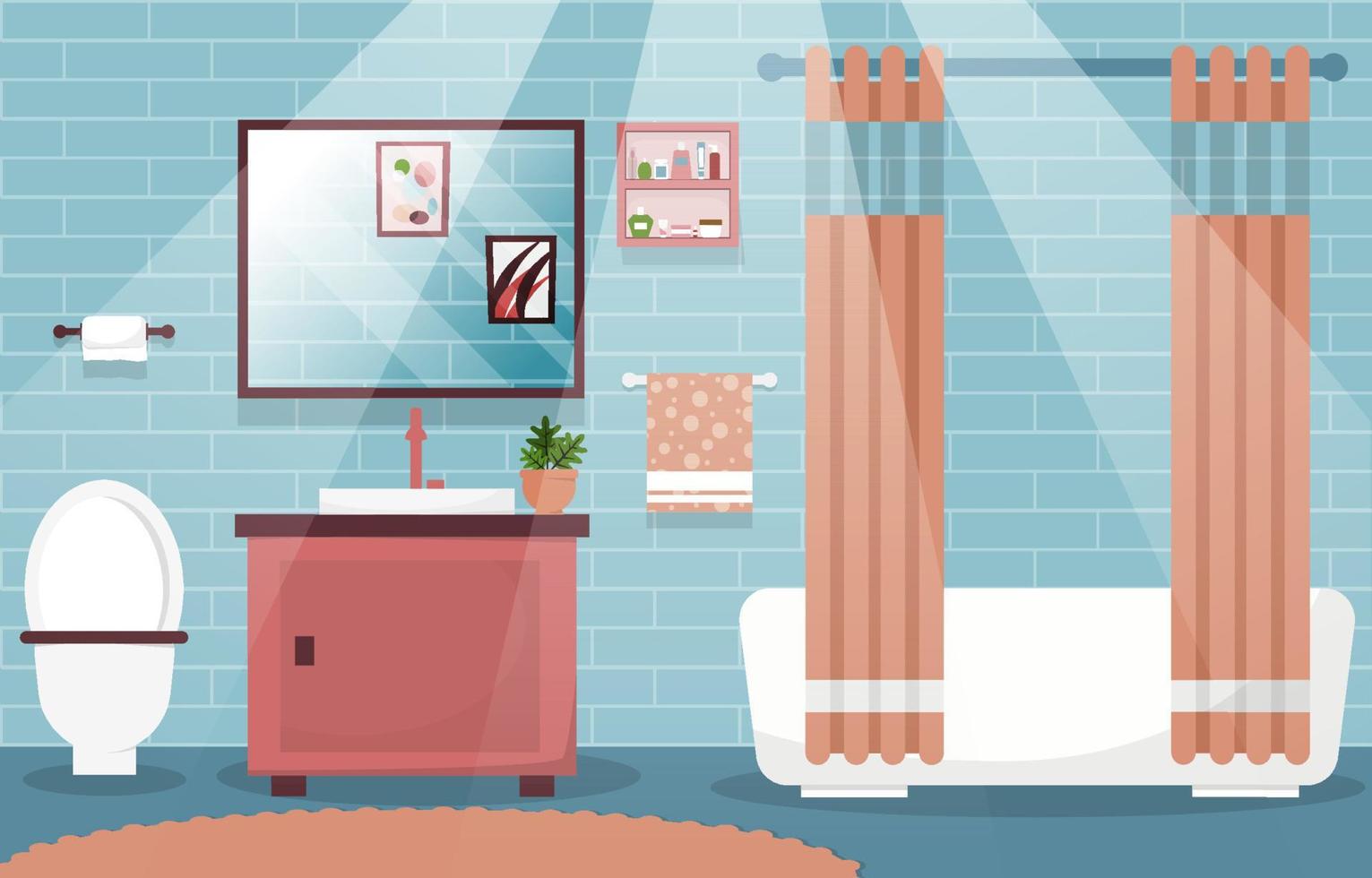 Clean Bathroom Interior Design Closet Bathtub Furniture Flat Illustration vector