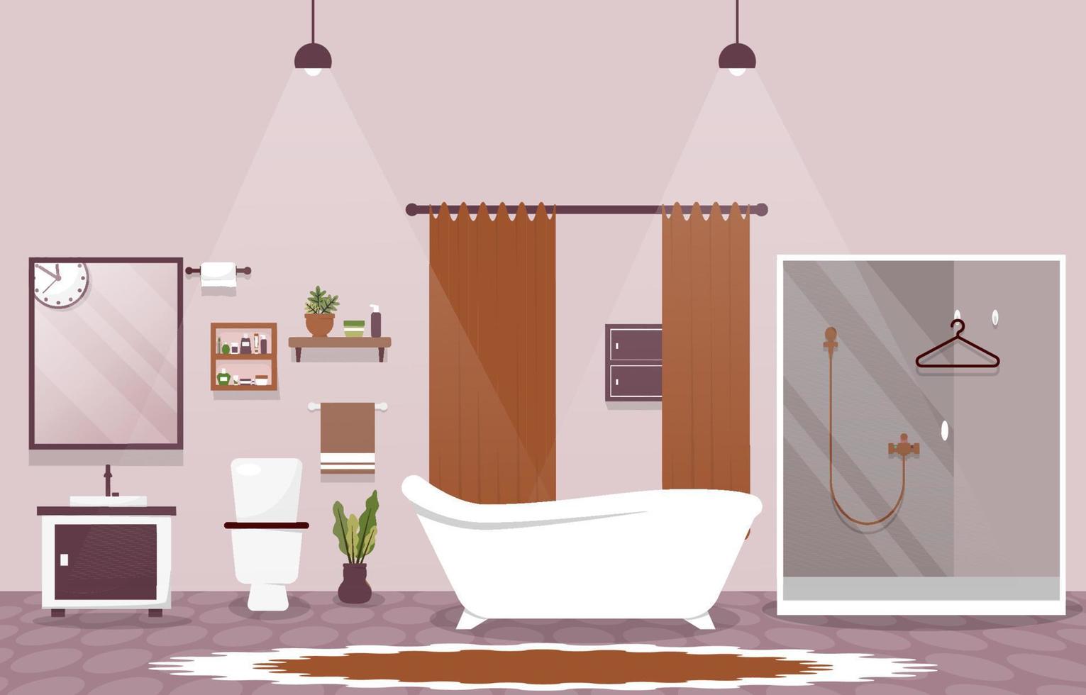 Clean Bathroom Interior Design Closet Bathtub Furniture Flat Illustration vector