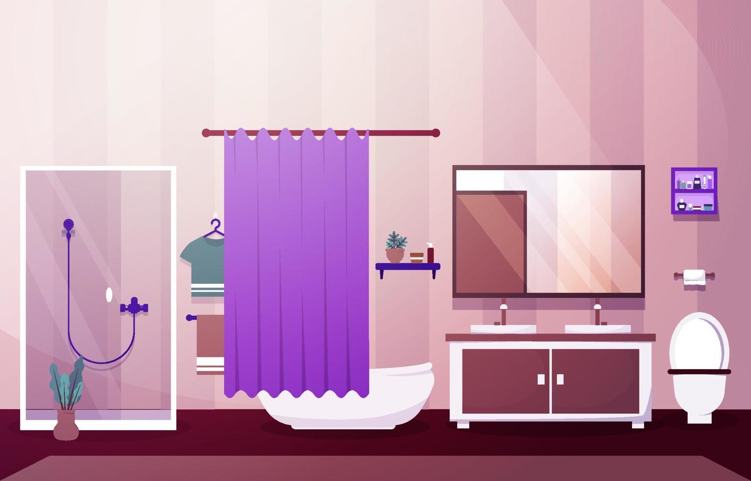 Clean Bathroom Interior Design Mirror Shower Furniture Flat Illustration vector