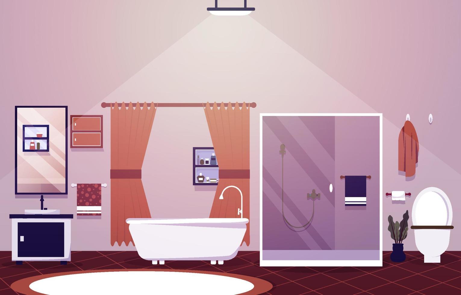 Clean Bathroom Interior Design Shower Bathtub Furniture Flat Illustration vector