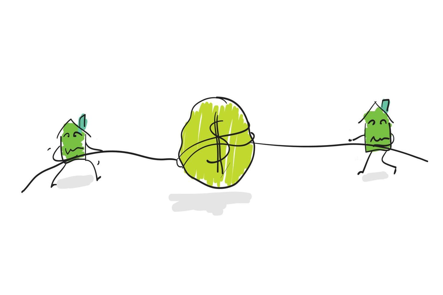 Vector illustration of cute house fight over the dollar bill