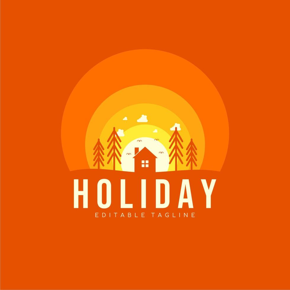Minimalist house and forest silhouette with orange color gradient. Holiday logo design. Vector illustration.