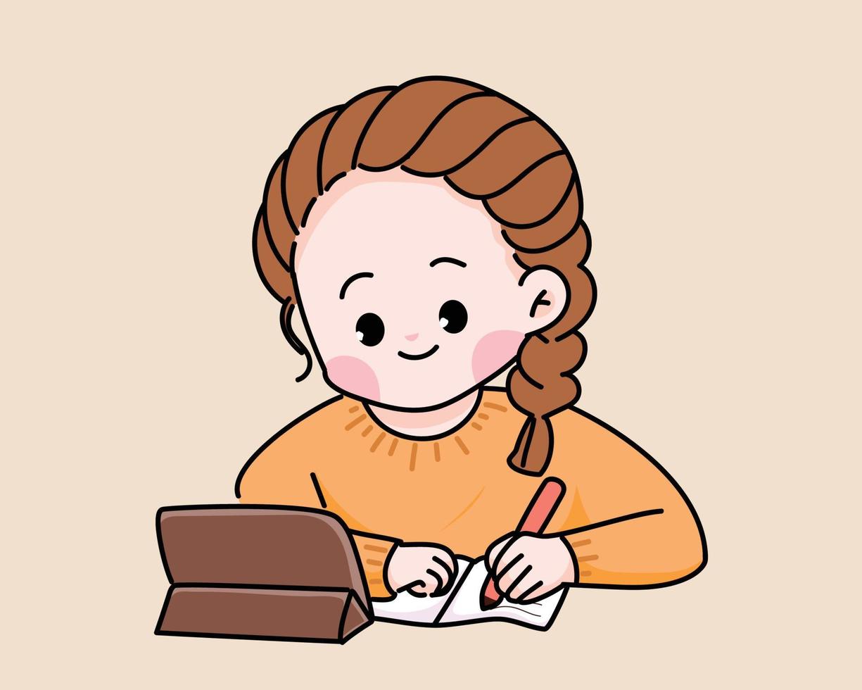 Young woman learning on tablet education online from home cartoon hand drawn cartoon art illustration vector