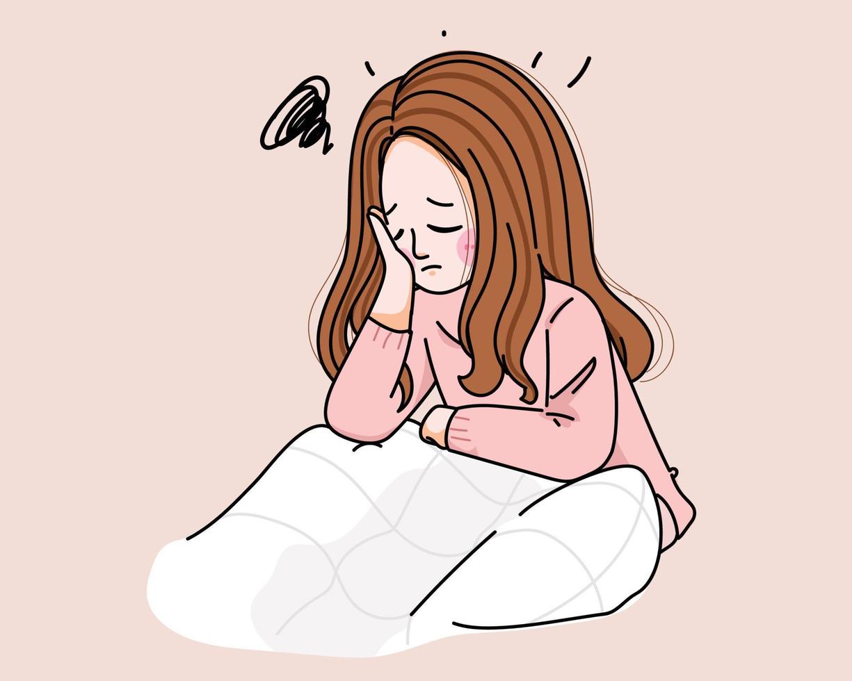Loneliness depression woman awake in night unhappy sleeplessness concept cartoon hand drawn cartoon art illustration vector