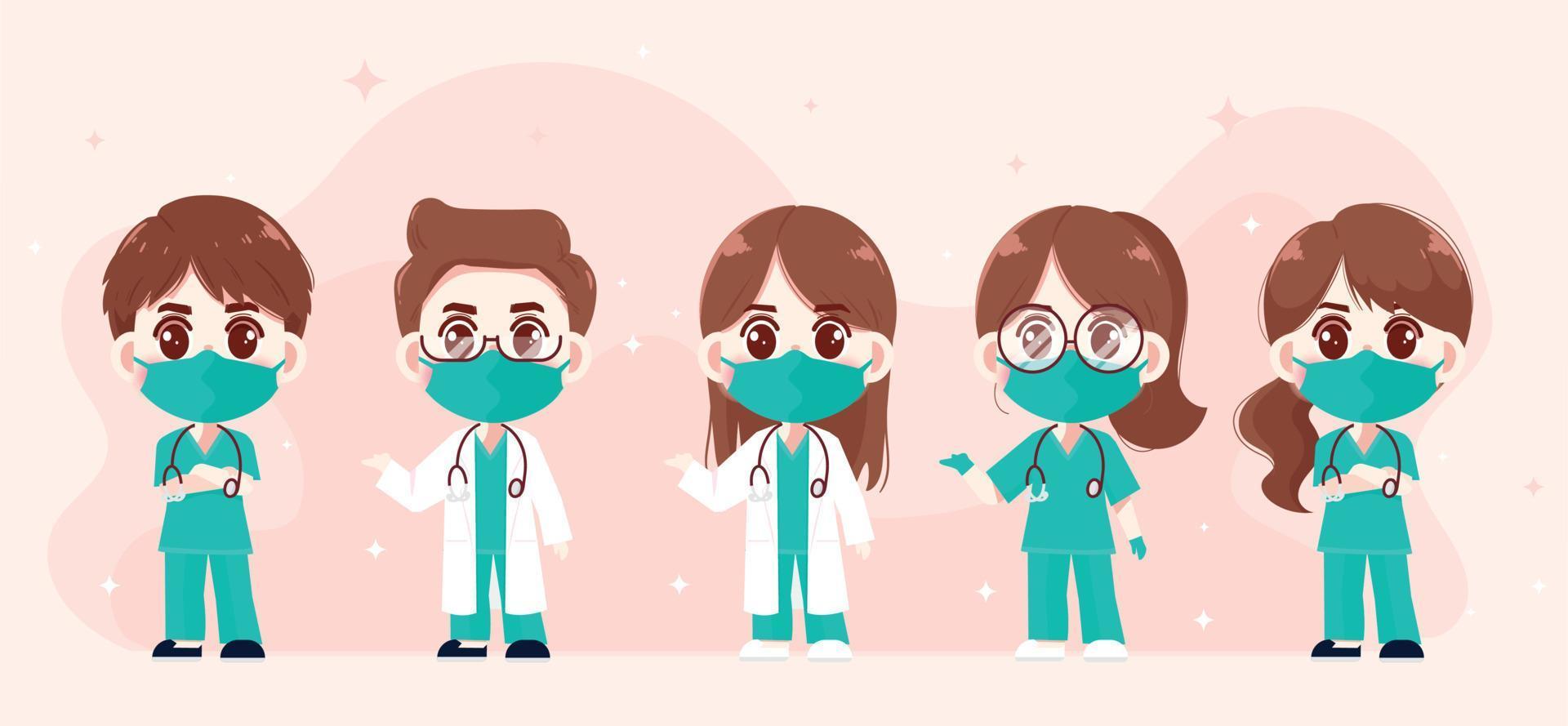 Doctor and nurse professional team health and medical set hand drawn cartoon art illustration vector