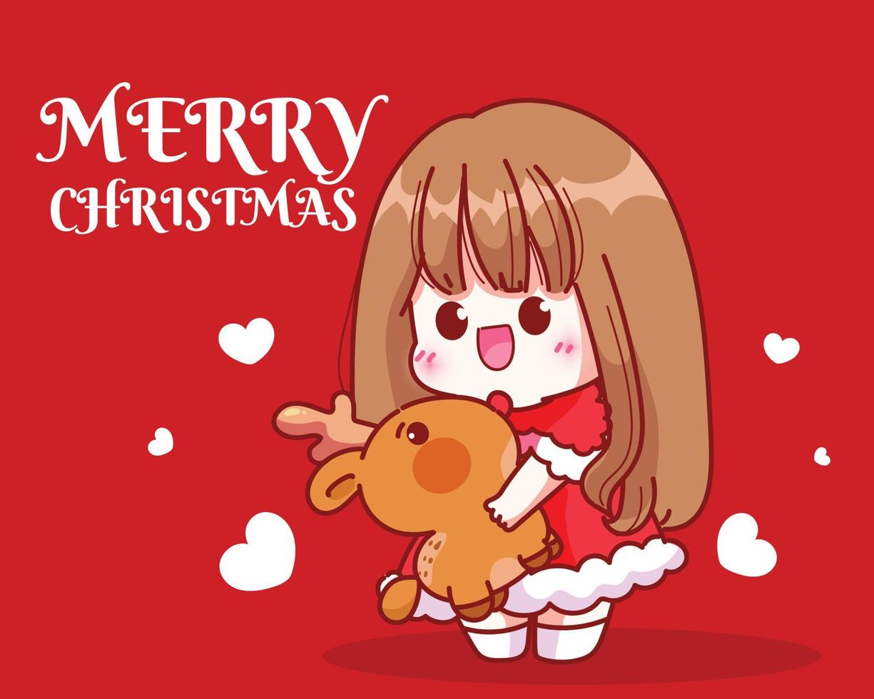 Cute girl santa hug a reindeer doll on christmas holiday celebration hand drawn cartoon art illustration vector