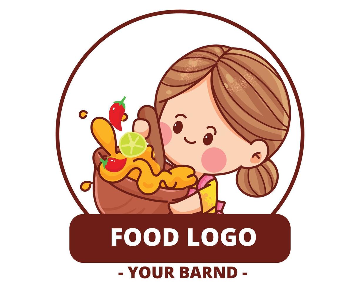 Happy cute chef with Papaya Salad logo hand drawn cartoon art illustration vector