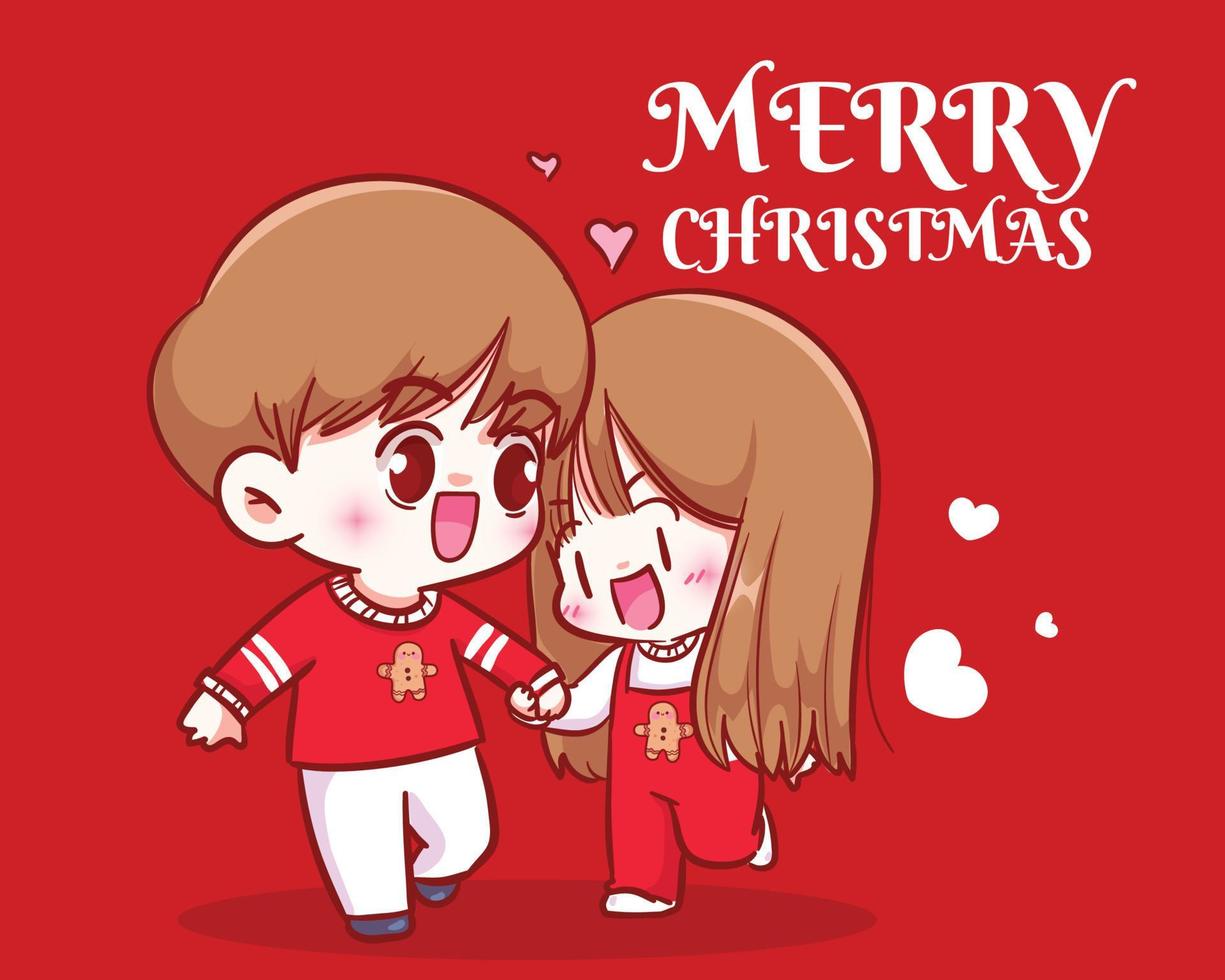 Couple walking and holding hands on christmas holiday celebration hand drawn cartoon art illustration vector