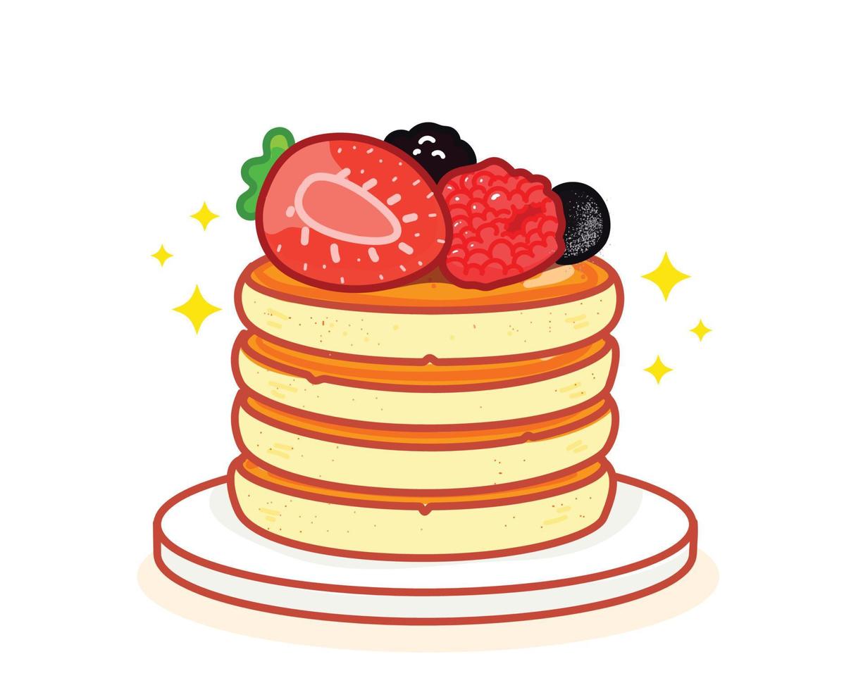 Pancake with honey strawberry and blueberry sweet food dessert breakfast hand drawn cartoon art illustration vector