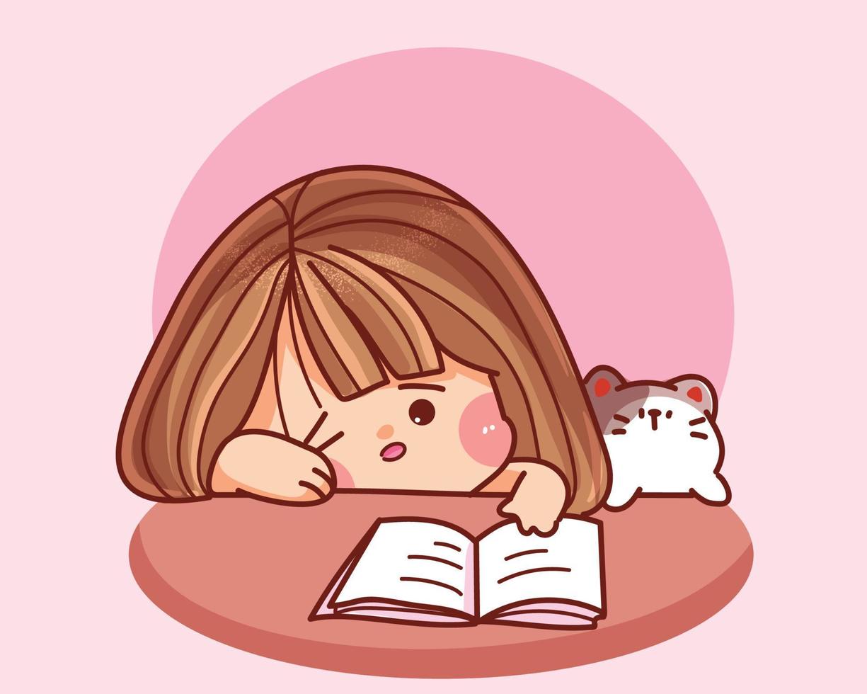Child girl bored and tired to reading book and she has sleeping on the desk hand drawn cartoon art illustration vector
