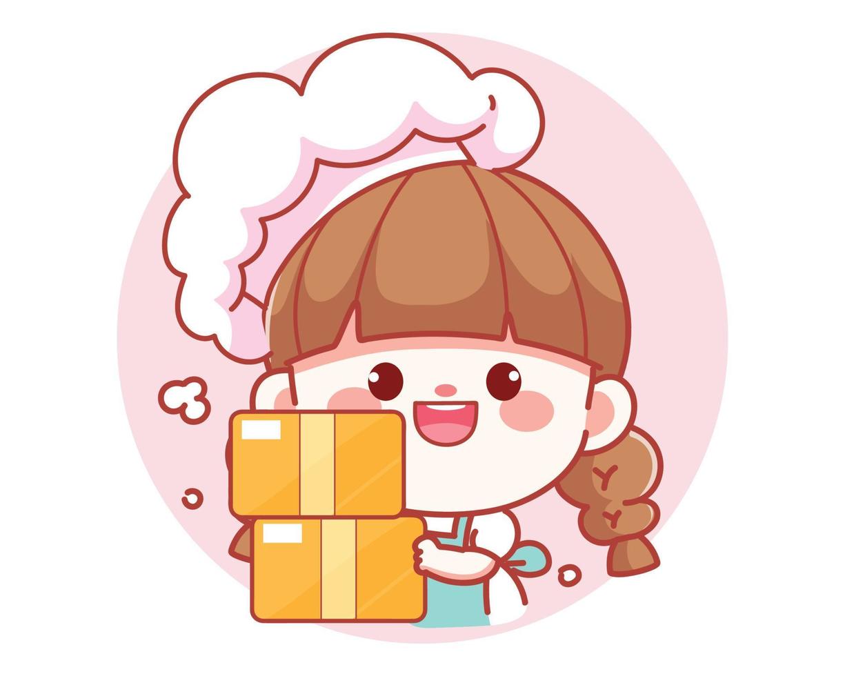 Cute girl chef holding cardboard box banner logo cartoon art illustration vector