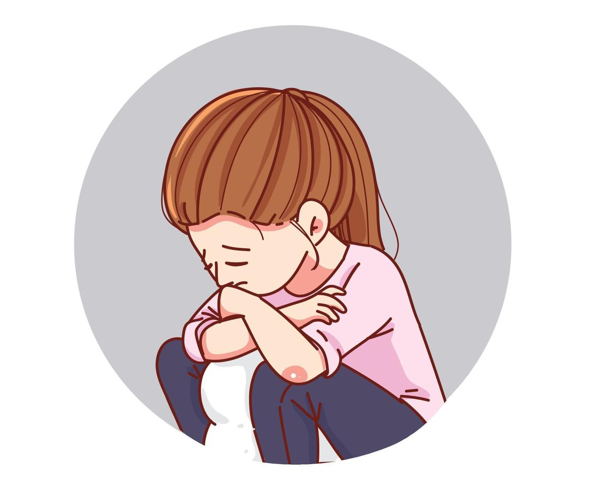 Young woman sitting feeling sad tired and worried suffering depression cartoon hand drawn cartoon art illustration vector