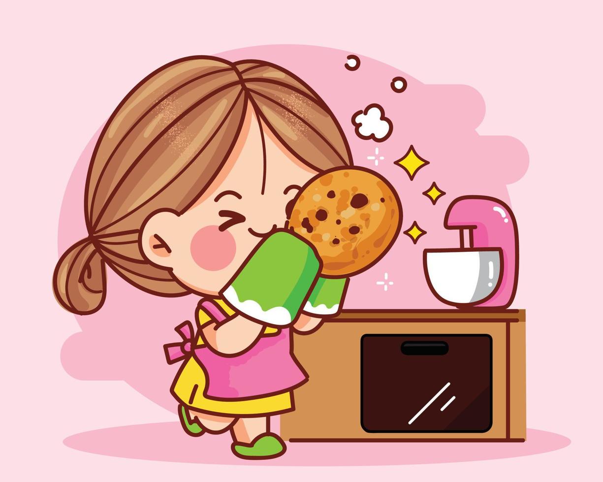 Cute girl baking cookies in kitchen hand drawn cartoon art illustration vector