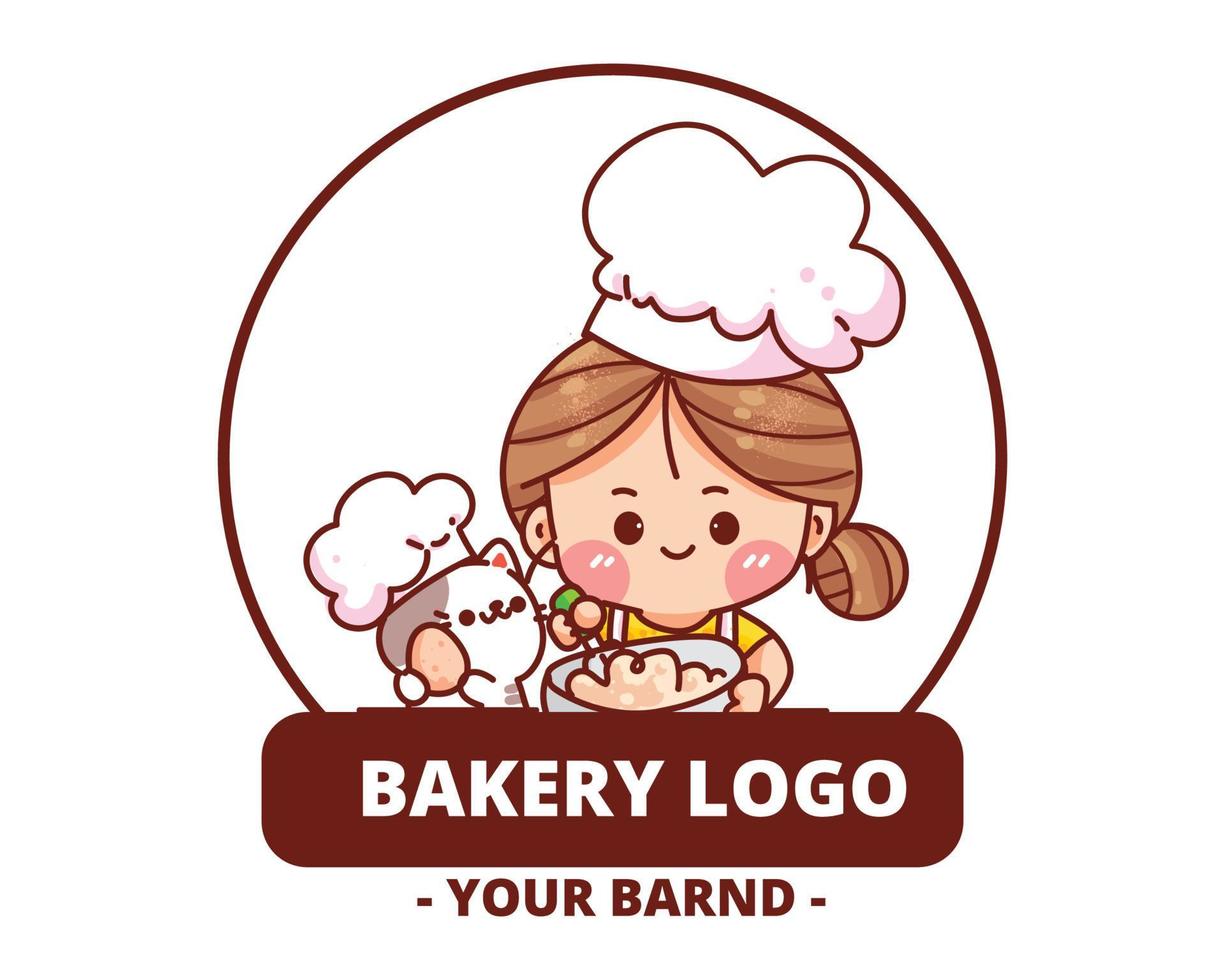 Cute girl bakery logo homemade bakery shop hand drawn cartoon art illustration vector