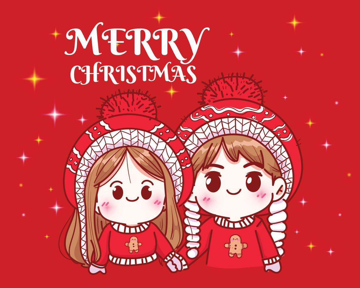 Couple holding hands on christmas holiday celebration hand drawn cartoon art illustration vector