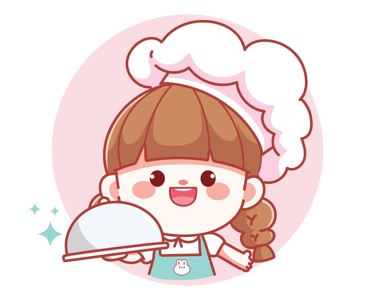 Linda chica chef sosteniendo bandeja plato plato banner logo ilustración de arte de dibujos animados vector