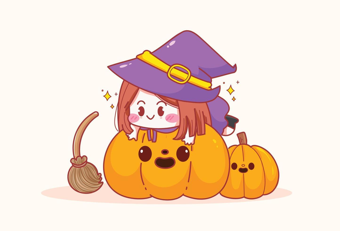 Cute little girl witch and pumpkin and having fun on Halloween celebration drawn cartoon art illustration vector