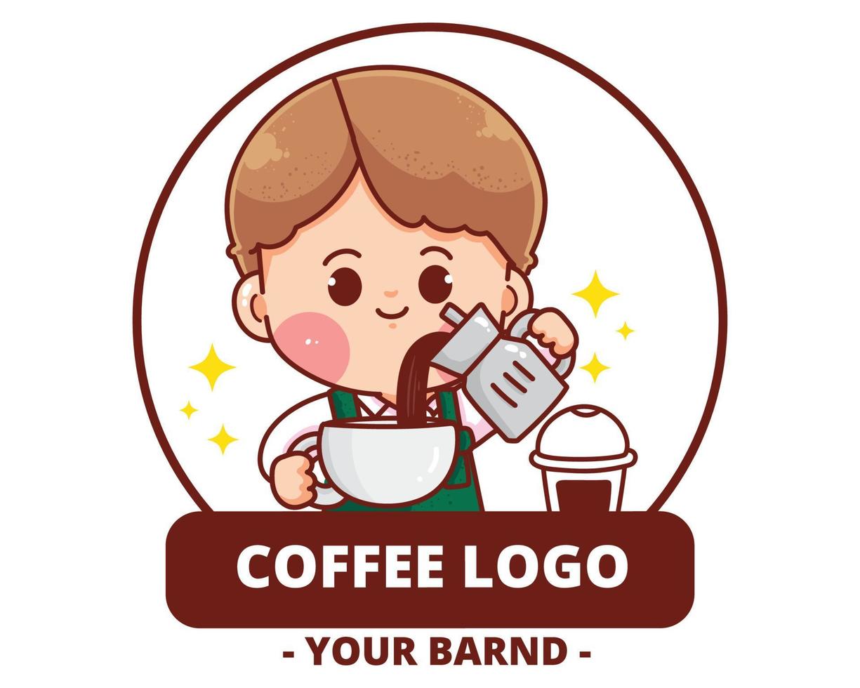 Cute boy coffee shop logo hand drawn cartoon art illustration vector