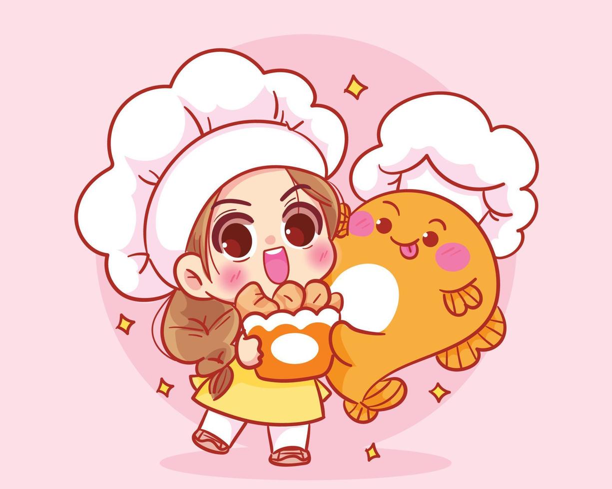 Cute chef and cute fish holding fried fish ball logo hand drawn cartoon art illustration vector
