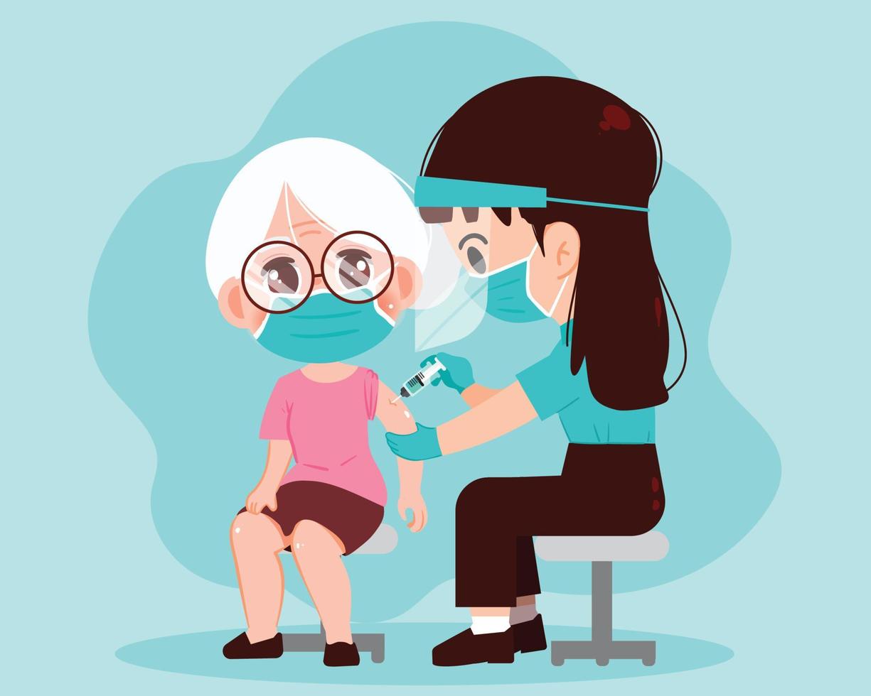 Doctora inyectando la vacuna a la abuela concepto médico y sanitario dibujado a mano ilustración de arte de dibujos animados vector